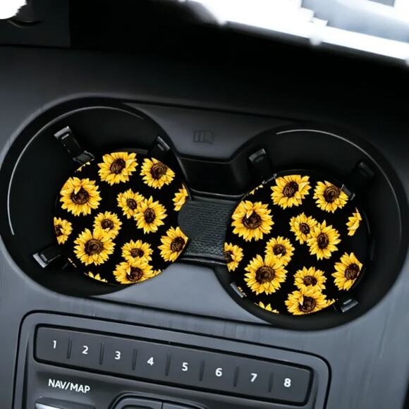 Private Label Accessories - Sunflower Print Car Coasters - 2Pcs Heat Insulation Non-Slip Mats!